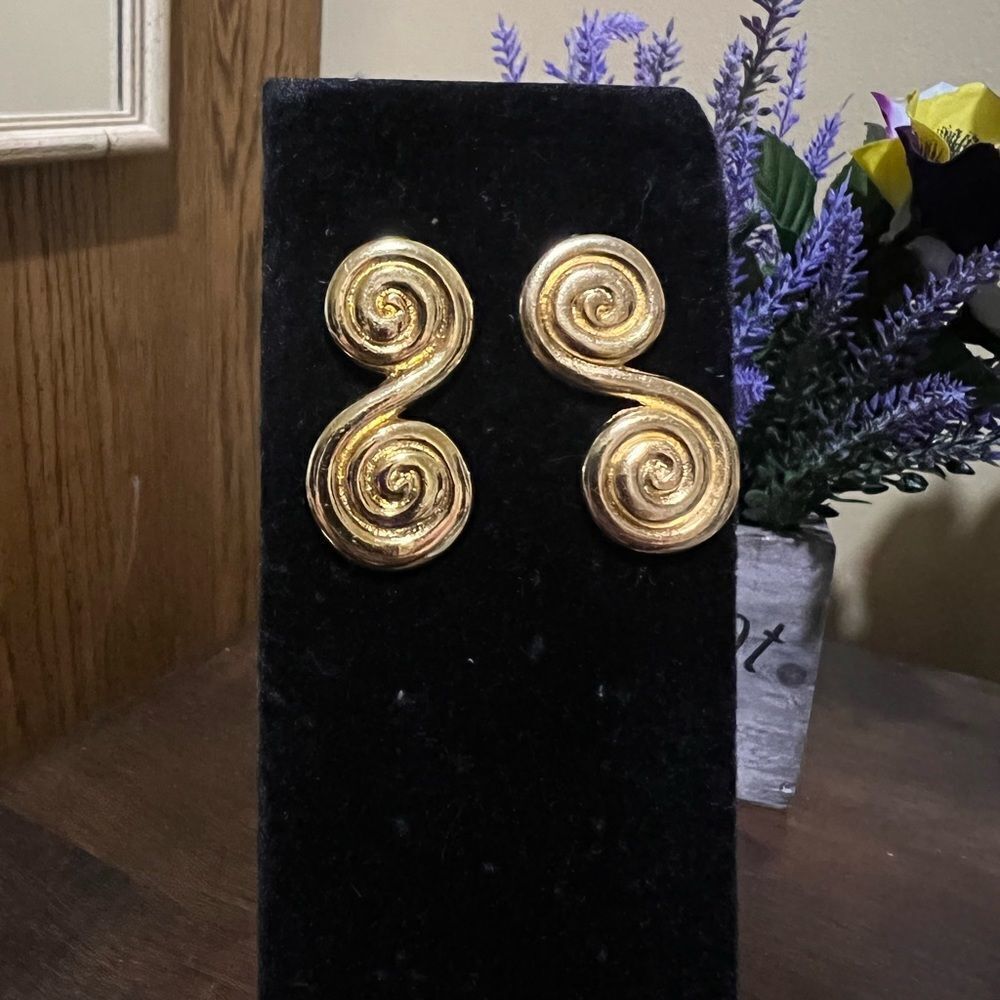 Vintage Estee Lauder Gold Plated Stud Earrings, S Shape Earrings,
